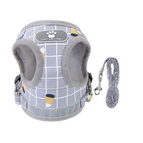 Pet Mesh Harness Dog Leash Set Reflective Chest Strap Adjustable Puppy Vest For Puppies Breeds Dogs Cats Walking Outdoor (Option: GreyCheckered_XL)